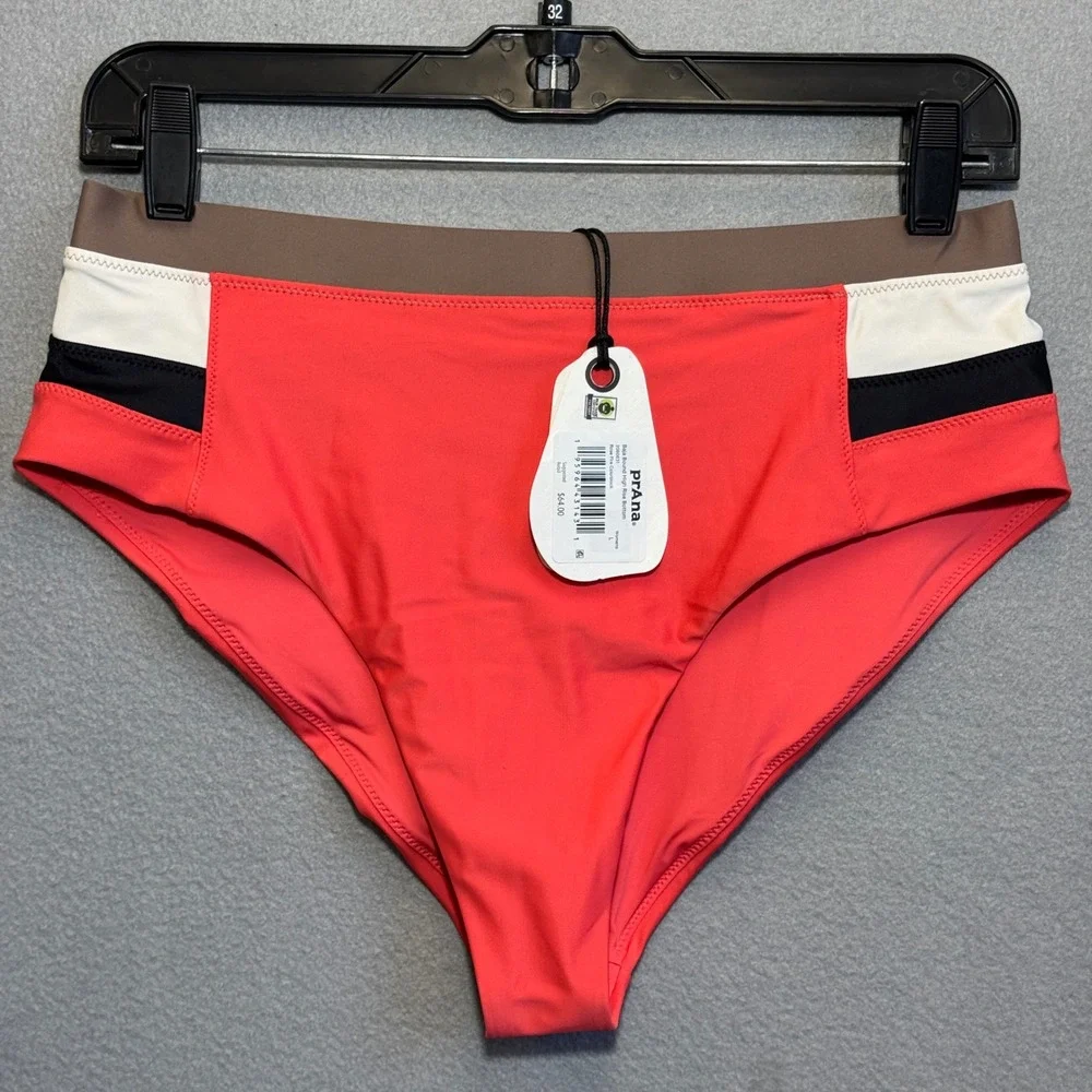 PRANA Baja Bound High Rise Bottom Women L Rose Fire Colorblock Bikini Swim